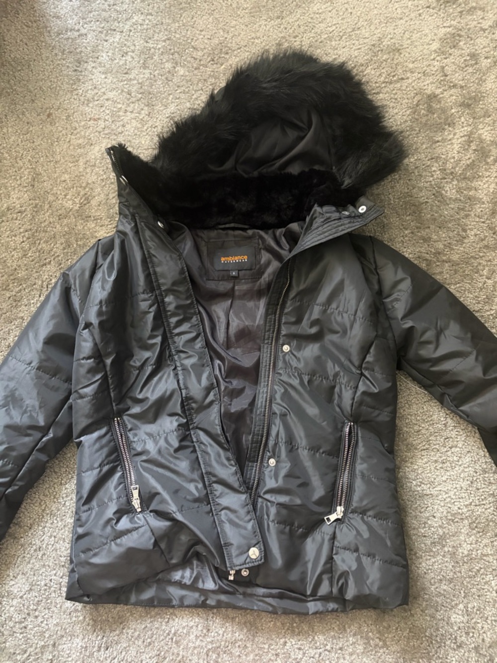 Black Puffer Jacket with Faux Fur Hood – Zip Up Winter Coat
